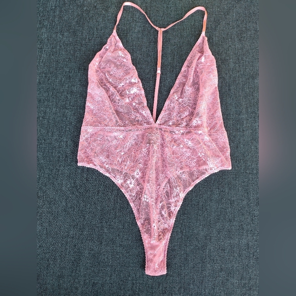 Victorias Secret Lace Plunge Bodysuit Sheer Teddy Teddy Pink XL
